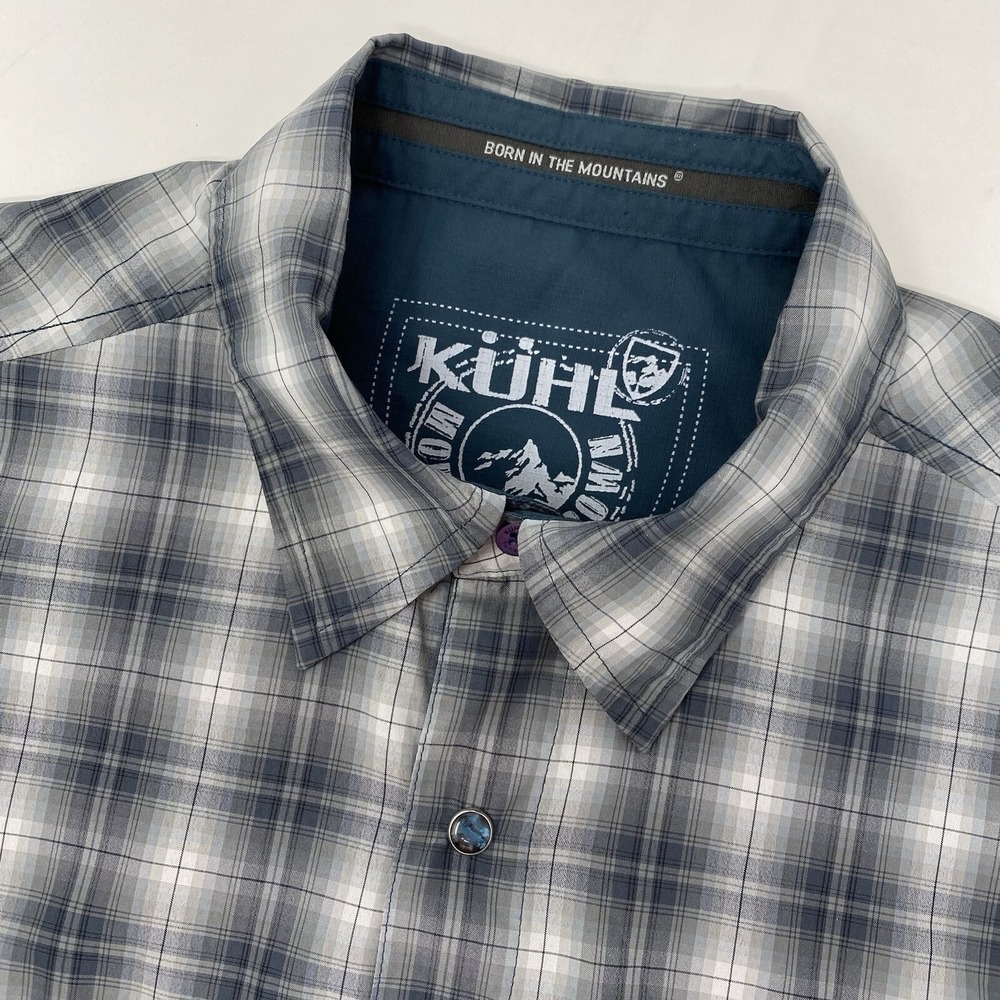 Kuhl Mountain Grown Mens M Gray Plaid Pearl Snap Short Sleeve Button Front Shirt